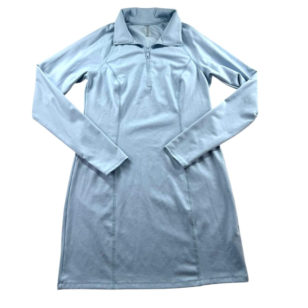 Beyond Yoga Heather Rib Westside Dress M Hazy Sky Blue Long Sleeve Bodycon Mini